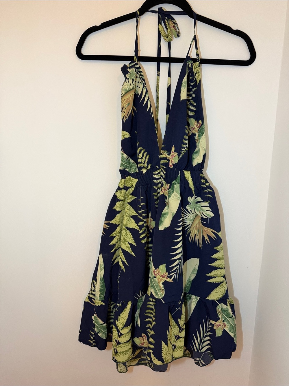Navy Dress with Green Leaf Print